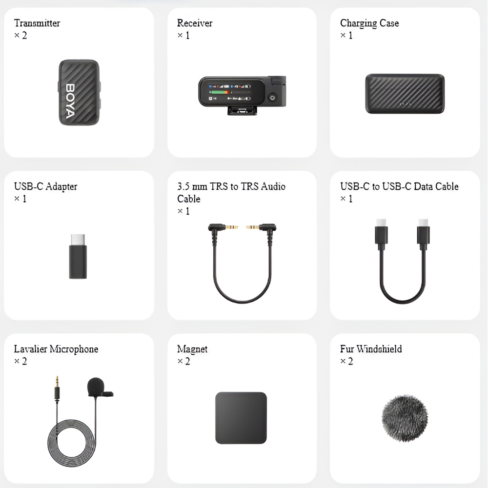 Беспроводной микрофон boya 3-в-1 с записью на борту (boyamic v2), 3 аудиоадаптера, петличный микрофон в комплекте, черный Thumbnail 2